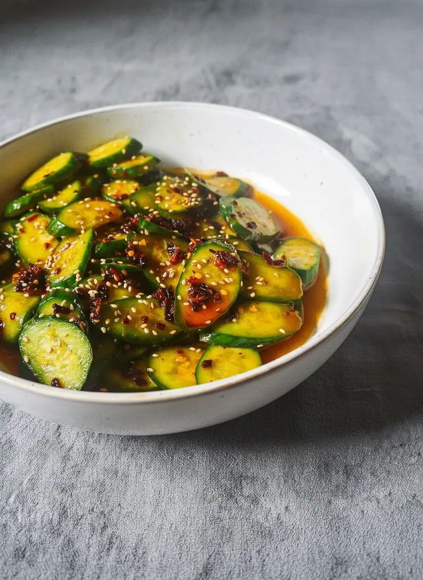 A close-up (3:4 ratio) of smashed cucumber slices being tossed in a large ceramic mixing bowl with a brownish-red dressing, visible red chili flakes, and white sesame seeds starting to coat them. The action shot captures the process in soft, natural morning light, on a marble countertop with blurred fresh herbs in the background. The focus is on the textures and the vibrant colors of the ingredients mixing. NO HANDS OR PEOPLE.
