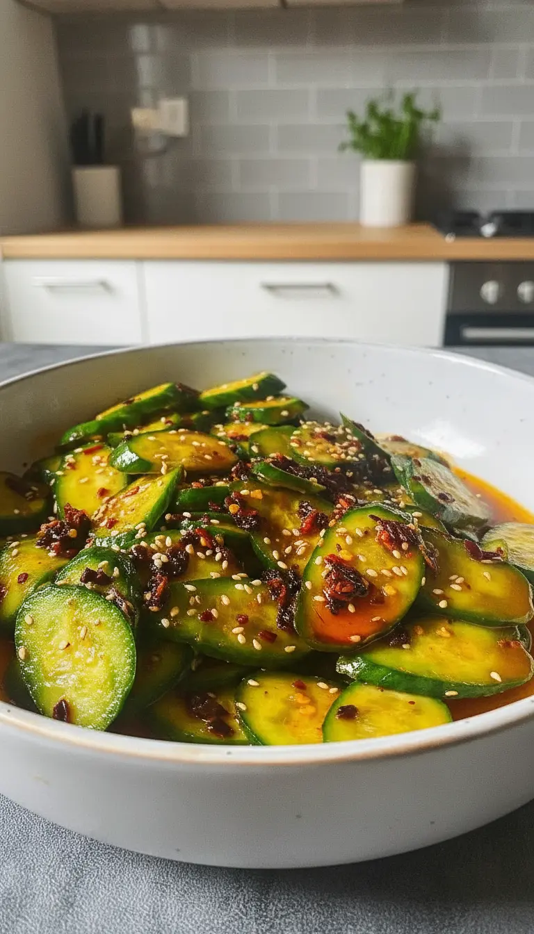 A close-up (3:4 ratio) of the finished Easy Asian Cucumber Salad in an elegant ceramic serving bowl, showcasing the glistening sliced cucumbers with prominent red chili flakes and white sesame seeds. The texture is crisp and juicy-looking. The bowl is positioned on a marble countertop with gentle soft shadows, illuminated by warm natural morning light, with a hint of fresh herbs and wood accent in the background, emphasizing the inviting and clean presentation. NO HANDS OR PEOPLE.