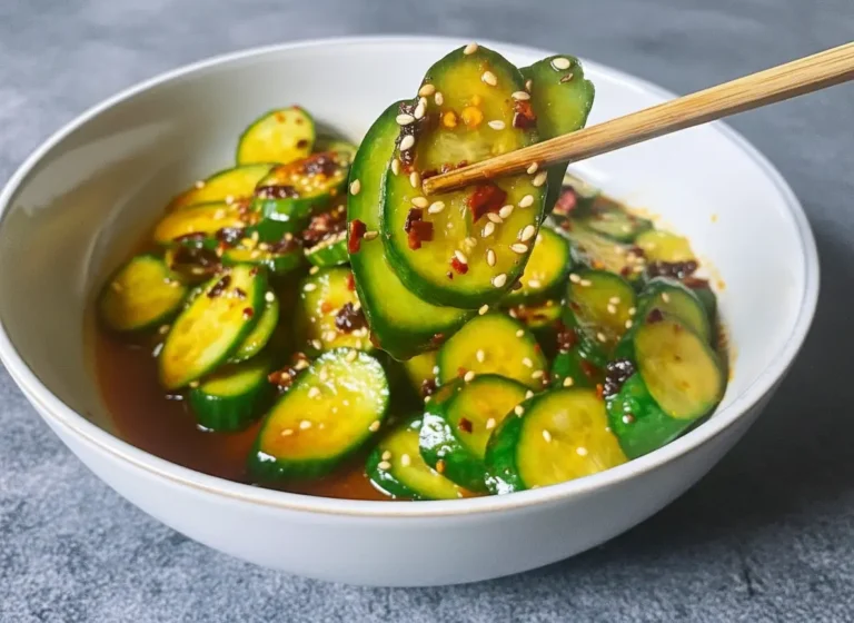 A hero shot (4:3 ratio) of a minimalist white ceramic bowl filled with vibrant green sliced Asian cucumber salad, coated in a glistening brownish-red dressing with visible red chili flakes and white sesame seeds, artfully arranged. The bowl rests on a clean marble countertop, with soft natural morning light from an east window casting subtle shadows. Fresh green herbs are delicately blurred in the background, along with a hint of warm wood accents. The overall aesthetic is clean, inviting, and warm-toned. NO HANDS OR PEOPLE.