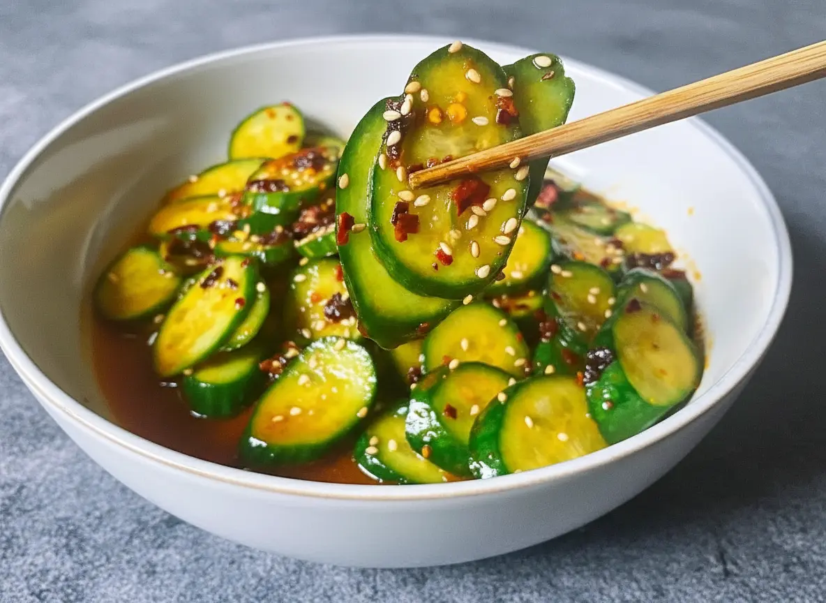 A hero shot (4:3 ratio) of a minimalist white ceramic bowl filled with vibrant green sliced Asian cucumber salad, coated in a glistening brownish-red dressing with visible red chili flakes and white sesame seeds, artfully arranged. The bowl rests on a clean marble countertop, with soft natural morning light from an east window casting subtle shadows. Fresh green herbs are delicately blurred in the background, along with a hint of warm wood accents. The overall aesthetic is clean, inviting, and warm-toned. NO HANDS OR PEOPLE.