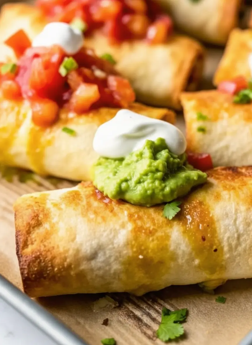 A 3:4 vertical shot of the ingredients arranged on a marble countertop with wood accents. A ceramic bowl contains shredded chicken mixed with cream cheese and spices. A stack of soft flour tortillas sits on a wooden cutting board next to a small bowl of melted butter and a pastry brush. Soft, natural lighting highlights the fresh textures.