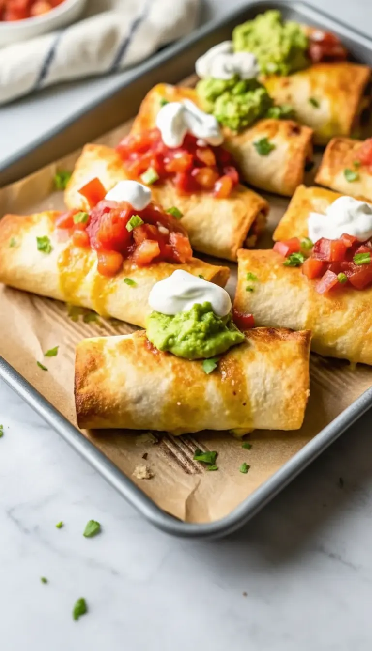 A 3:4 vertical close-up shot of the finished chimichangas on the baking sheet. Focus on the flaky, blistered texture of the golden-brown tortilla crust. The toppings of salsa, sour cream, and guacamole are rich and colorful. The depth of field is shallow, blurring the minimalist white plates in the background.