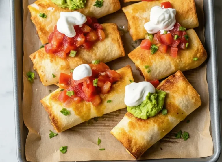 A high-angle 4:3 hero shot of a parchment-lined baking sheet resting on a marble countertop. The sheet holds six golden-brown baked chicken chimichangas. They are generously topped with dollops of white sour cream, bright red chunky salsa, and vibrant green guacamole. Chopped green onions are scattered over the top. Natural morning light streams from the right, casting soft shadows. A wooden cutting board and fresh cilantro are visible in the background, maintaining a minimalist and tidy kitchen aesthetic.