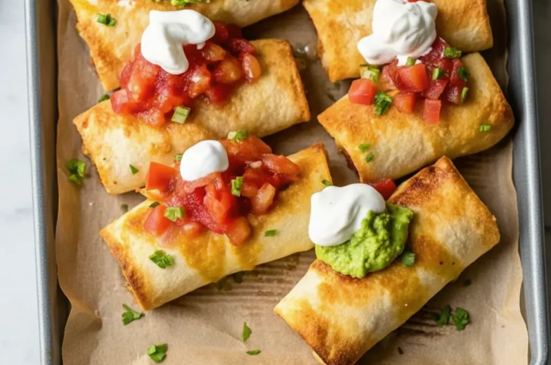 A high-angle 4:3 hero shot of a parchment-lined baking sheet resting on a marble countertop. The sheet holds six golden-brown baked chicken chimichangas. They are generously topped with dollops of white sour cream, bright red chunky salsa, and vibrant green guacamole. Chopped green onions are scattered over the top. Natural morning light streams from the right, casting soft shadows. A wooden cutting board and fresh cilantro are visible in the background, maintaining a minimalist and tidy kitchen aesthetic.