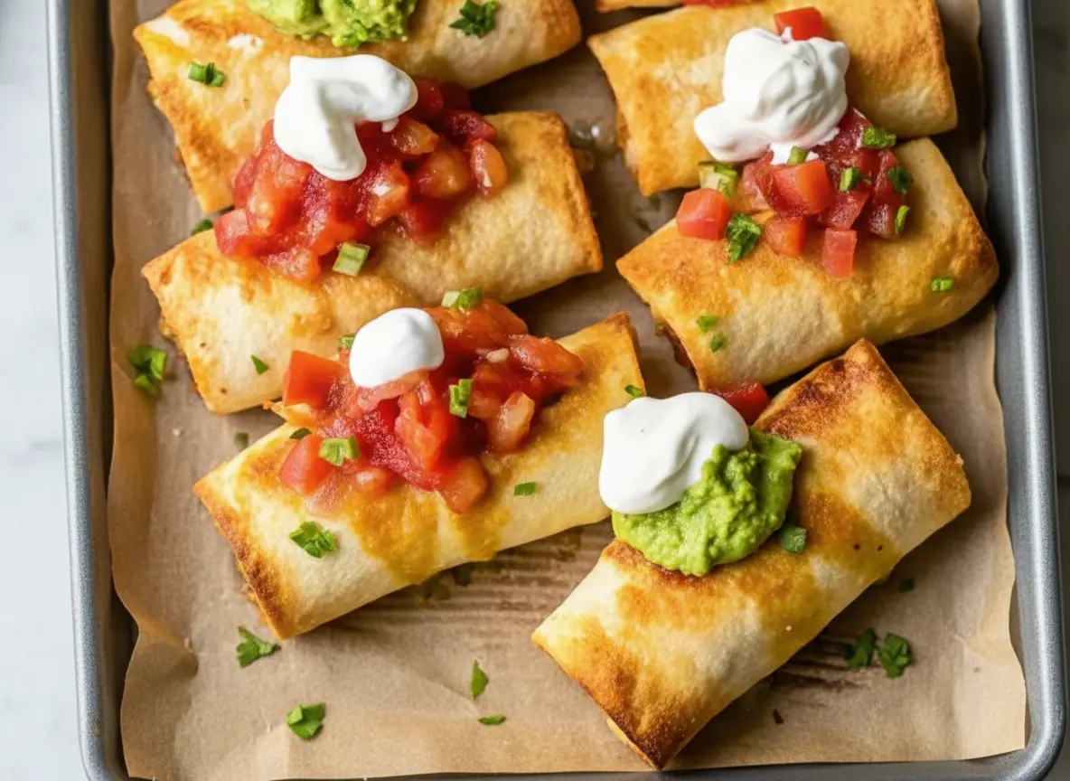 A high-angle 4:3 hero shot of a parchment-lined baking sheet resting on a marble countertop. The sheet holds six golden-brown baked chicken chimichangas. They are generously topped with dollops of white sour cream, bright red chunky salsa, and vibrant green guacamole. Chopped green onions are scattered over the top. Natural morning light streams from the right, casting soft shadows. A wooden cutting board and fresh cilantro are visible in the background, maintaining a minimalist and tidy kitchen aesthetic.