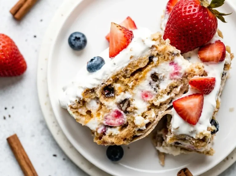 A hero shot of a single slice of Easy Berry Icebox Cake on a minimalist white plate, showcasing the distinct layers of creamy white filling, red strawberry pieces, and golden-brown graham cracker crumbs. The top is generously crowned with fluffy white whipped cream, whole ripe strawberries, and plump blueberries. A cinnamon stick rests on the light marble countertop in the foreground. Natural morning light casts soft shadows, creating a warm, inviting tone. The background is a clean, bright kitchen with subtle wooden accents (4:3 ratio).