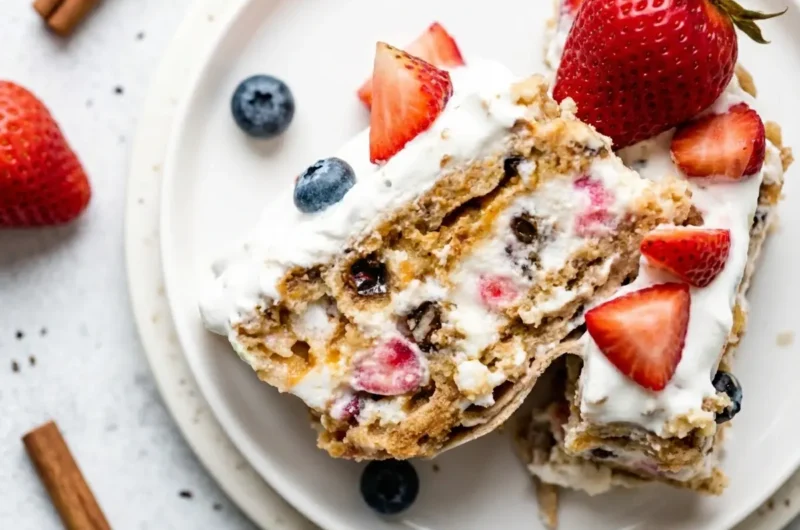 A hero shot of a single slice of Easy Berry Icebox Cake on a minimalist white plate, showcasing the distinct layers of creamy white filling, red strawberry pieces, and golden-brown graham cracker crumbs. The top is generously crowned with fluffy white whipped cream, whole ripe strawberries, and plump blueberries. A cinnamon stick rests on the light marble countertop in the foreground. Natural morning light casts soft shadows, creating a warm, inviting tone. The background is a clean, bright kitchen with subtle wooden accents (4:3 ratio).