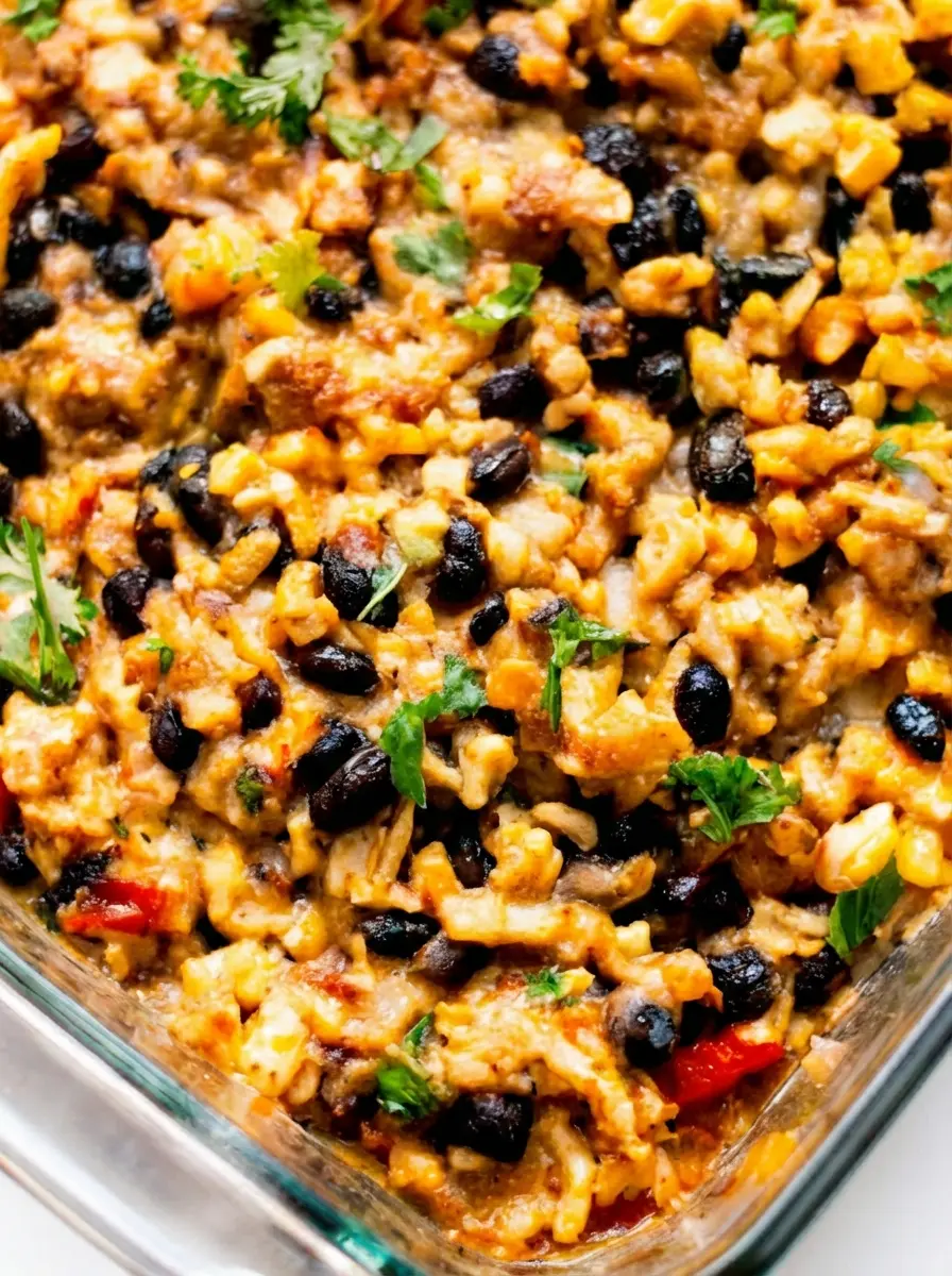 A rustic wooden cutting board with bowls of ingredients for Chicken Burrito Casserole: shredded cooked chicken, rinsed black beans, drained yellow corn, diced red bell pepper, and fresh cilantro, all arranged on marble countertops bathed in natural morning light from an east window. Soft shadows, warm tones, clean and tidy presentation. (3:4 ratio)