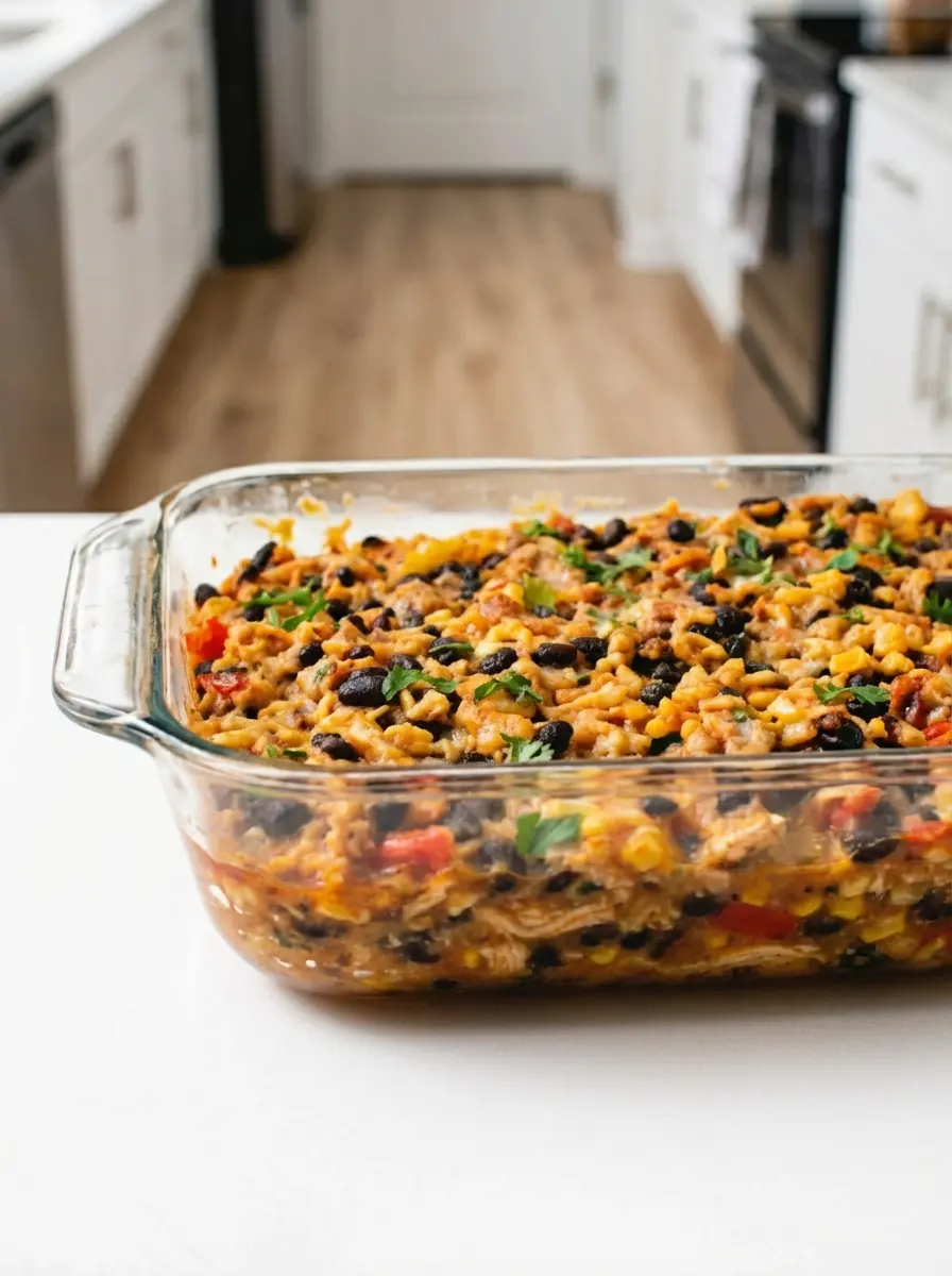 A clear glass baking dish filled with the unbaked Chicken Burrito Casserole mixture, showing layers of shredded chicken, rice, black beans, corn, and red peppers, with a creamy, cheesy sauce coating. A sprinkle of cheese is visible on top, ready for the oven. Shot on marble countertops with fresh herbs in the background, under natural morning light from an east window. Soft shadows, warm tones, clean and tidy presentation. (3:4 ratio)