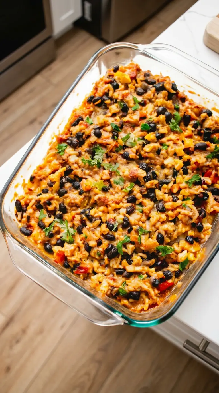 A close-up shot of a serving spoon scooping a portion of the baked Chicken Burrito Casserole from the clear glass dish, revealing the rich, creamy texture, shredded chicken, black beans, corn, and melted cheese, with visible fresh green herbs (cilantro, green onion) on top. The edges are slightly browned and bubbly. Shot on a minimalist white plate on marble countertops with wood accents, under natural morning light from an east window. Soft shadows, warm tones, clean and tidy presentation. (3:4 ratio)