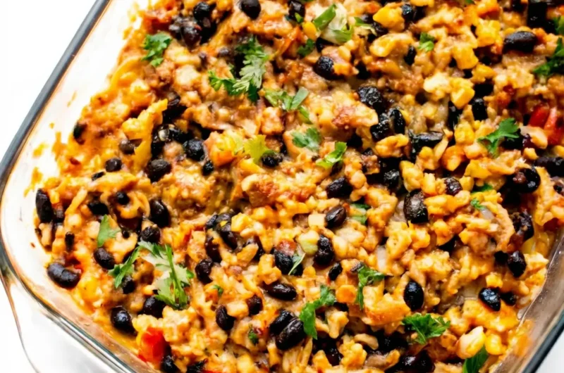 A vibrant, freshly baked Chicken Burrito Casserole in a clear glass baking dish, overflowing with shredded chicken, black beans, yellow corn, diced red bell peppers, and creamy melted, bubbly golden-brown cheese on top. Garnish with fresh green chopped cilantro and sliced green onions. Shot with natural morning light from an east window, on marble countertops with wood accents in the background. Soft shadows, warm tones, clean and tidy presentation. (4:3 ratio)