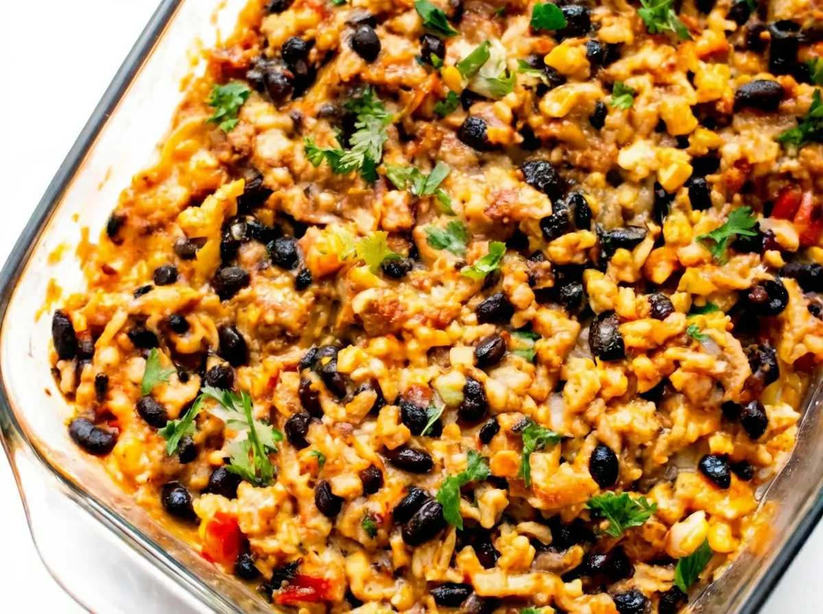 A vibrant, freshly baked Chicken Burrito Casserole in a clear glass baking dish, overflowing with shredded chicken, black beans, yellow corn, diced red bell peppers, and creamy melted, bubbly golden-brown cheese on top. Garnish with fresh green chopped cilantro and sliced green onions. Shot with natural morning light from an east window, on marble countertops with wood accents in the background. Soft shadows, warm tones, clean and tidy presentation. (4:3 ratio)