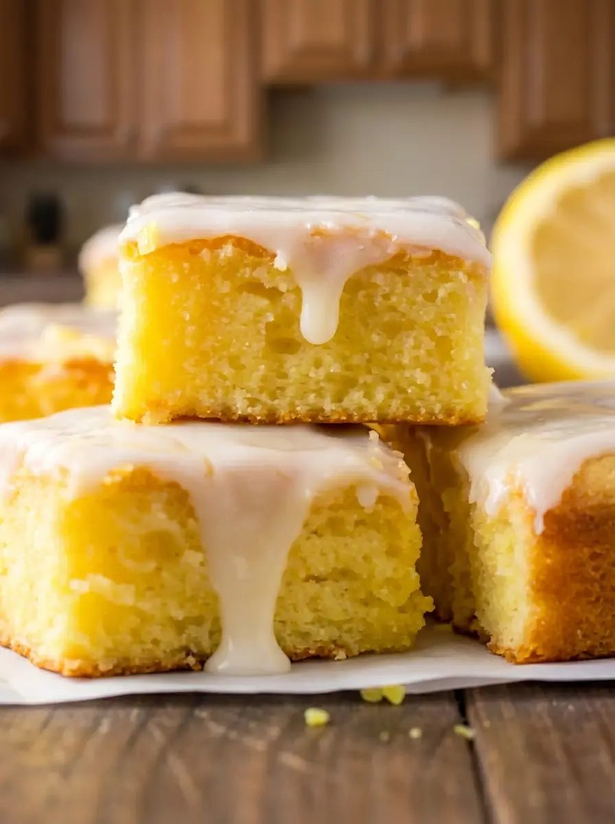 A close-up of the lemon brownie batter being spread evenly into a parchment-lined 9x13 inch baking pan on a marble countertop. The batter is bright yellow and smooth. Natural morning light with soft shadows. (3:4 ratio)
