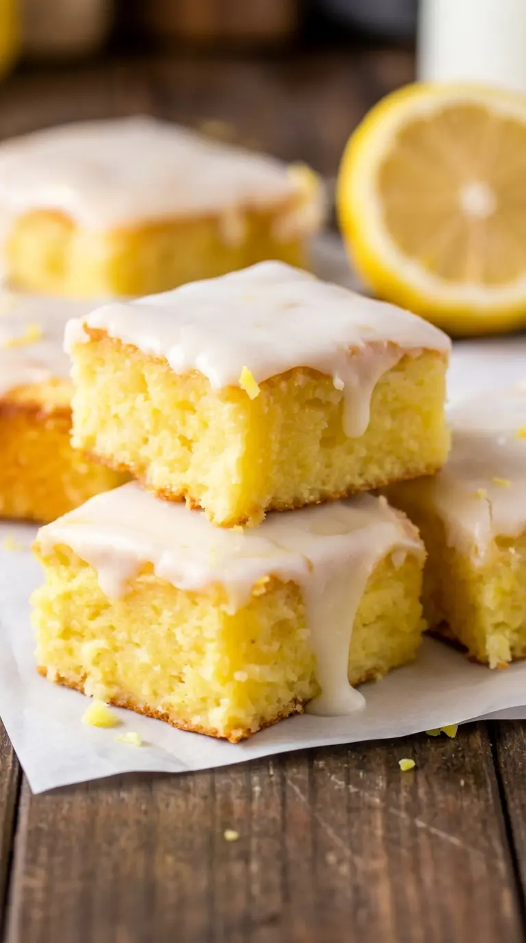 A beautifully glazed stack of two bright yellow lemon brownies on a minimalist white plate. The top brownie has a bite taken out, showcasing the moist, dense interior and the thick, white lemon glaze with finely grated lemon zest. Fresh lemon slices and herbs are delicately blurred in the background. Natural morning light, warm tones. (3:4 ratio)