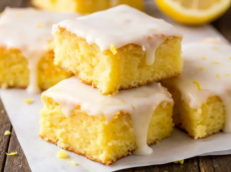 A stack of two perfectly square, bright yellow lemon brownies with a thick, white, slightly drizzly lemon glaze, topped with delicate lemon zest. The top brownie has a perfect bite taken out, revealing its moist, tender, cake-like texture. Presented on minimalist white plates on a marble countertop with soft natural morning light from an east window. A wooden cutting board and fresh herbs are subtly blurred in the background, creating warm tones and soft shadows. (4:3 ratio)