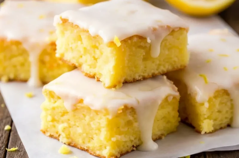 A stack of two perfectly square, bright yellow lemon brownies with a thick, white, slightly drizzly lemon glaze, topped with delicate lemon zest. The top brownie has a perfect bite taken out, revealing its moist, tender, cake-like texture. Presented on minimalist white plates on a marble countertop with soft natural morning light from an east window. A wooden cutting board and fresh herbs are subtly blurred in the background, creating warm tones and soft shadows. (4:3 ratio)