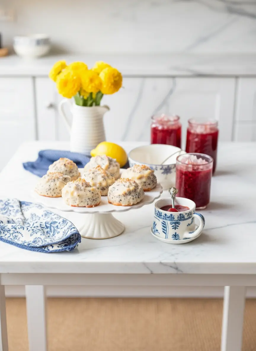 3:4 aspect ratio: A step-by-step process shot showing scone dough being gently patted into a round on a lightly floured marble countertop, next to a metal scone cutter. The dough has visible lemon zest and poppy seeds. A hint of fresh herbs in a ceramic pot in the soft-focused background. Natural morning light. No hands or people.
