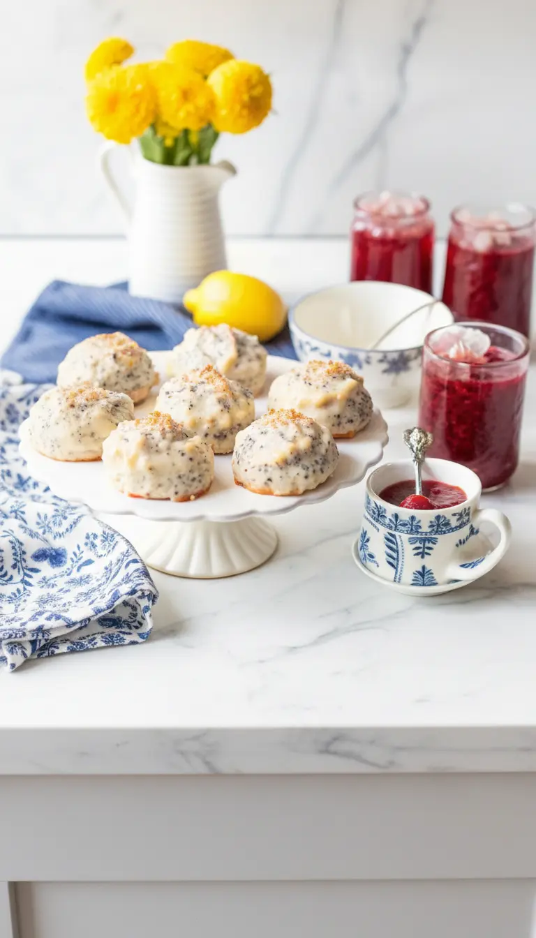 3:4 aspect ratio: A close-up, appetizing shot of a single glazed Lemon Poppy Seed Scone, sliced open to reveal its tender, fluffy interior texture, with a rich white lemon glaze dripping down its sides and dark poppy seeds visible. It sits on a minimalist white plate on a marble countertop, with soft warm natural light illuminating it. A small spoon is nearby, potentially scooping a bit of jam from a small dish. No hands or people.
