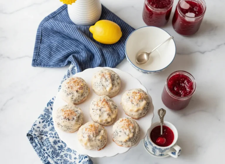 Hero shot, 4:3 aspect ratio: Bright Lemon Poppy Seed Scones with a thick white glaze and dark poppy seeds, on a fluted white ceramic cake stand. The stand holds several scones, with visible golden-brown edges beneath the glaze. The background features a small glass of vibrant red berry jam garnished with two small yellow edible pansy flowers, fresh lemon wedges, and hints of white ceramic dishes with blue floral patterns. The scene is set on a marble countertop with soft natural morning light and subtle shadows, capturing the clean and tidy presentation. No hands or people.