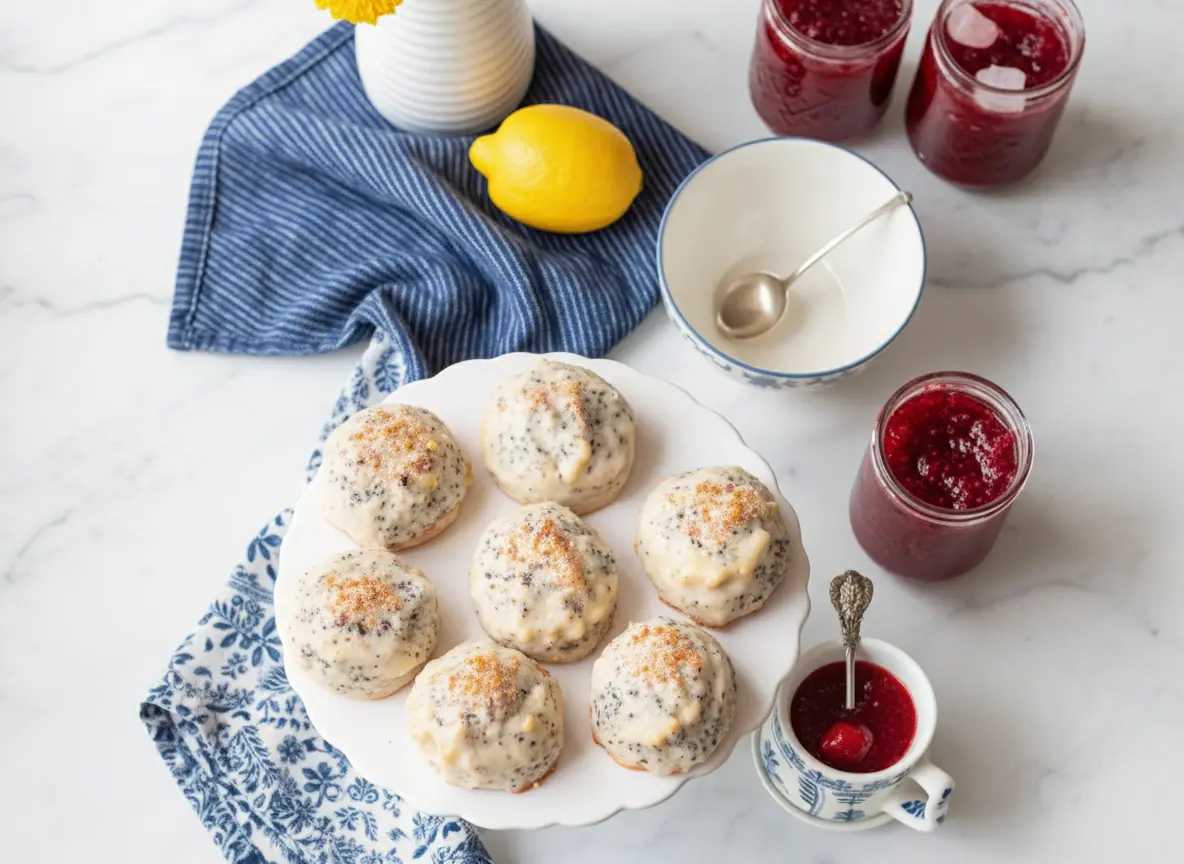 Hero shot, 4:3 aspect ratio: Bright Lemon Poppy Seed Scones with a thick white glaze and dark poppy seeds, on a fluted white ceramic cake stand. The stand holds several scones, with visible golden-brown edges beneath the glaze. The background features a small glass of vibrant red berry jam garnished with two small yellow edible pansy flowers, fresh lemon wedges, and hints of white ceramic dishes with blue floral patterns. The scene is set on a marble countertop with soft natural morning light and subtle shadows, capturing the clean and tidy presentation. No hands or people.
