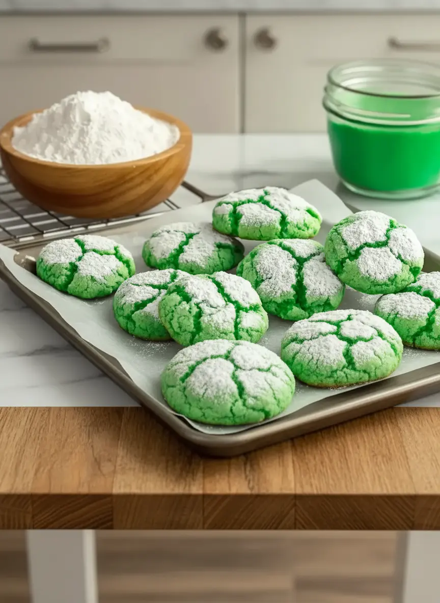 A close-up shot of individual vibrant green cookie dough balls, some rolled in granulated sugar and some generously coated in powdered sugar, ready for baking on a parchment-lined metal baking sheet. Shot on a marble countertop with natural morning light, soft shadows, warm tones, clean and tidy presentation. No hands or people. (3:4 ratio)
