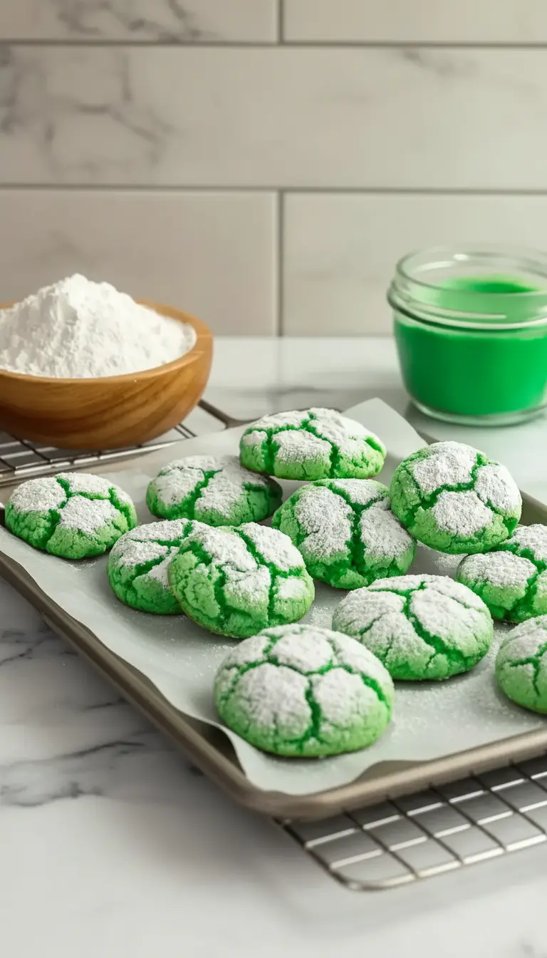 A stack of two or three vibrant green crinkle cookies, heavily dusted with powdered sugar, on a minimalist white plate with a subtle wood accent. One cookie is slightly broken to show the soft, chewy interior texture. Fresh herbs are visible in a ceramic bowl in the soft background. Shot on a marble countertop under natural morning light, soft shadows, warm tones, clean and tidy presentation. No hands or people. (3:4 ratio)