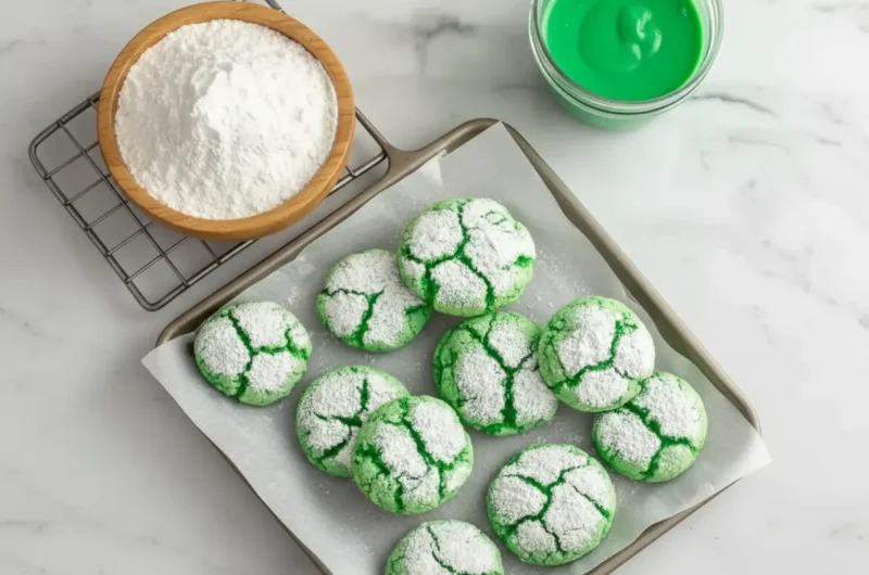 Vibrant green crinkle cookies, heavily dusted with powdered sugar, arranged on a parchment-lined metal baking sheet, with a rustic wooden bowl overflowing with powdered sugar and a glass filled with bright green liquid slightly blurred in the background. Shot on a light marble countertop under natural morning light from an east window, with soft shadows and warm tones, clean and tidy presentation. No hands or people. (4:3 ratio)