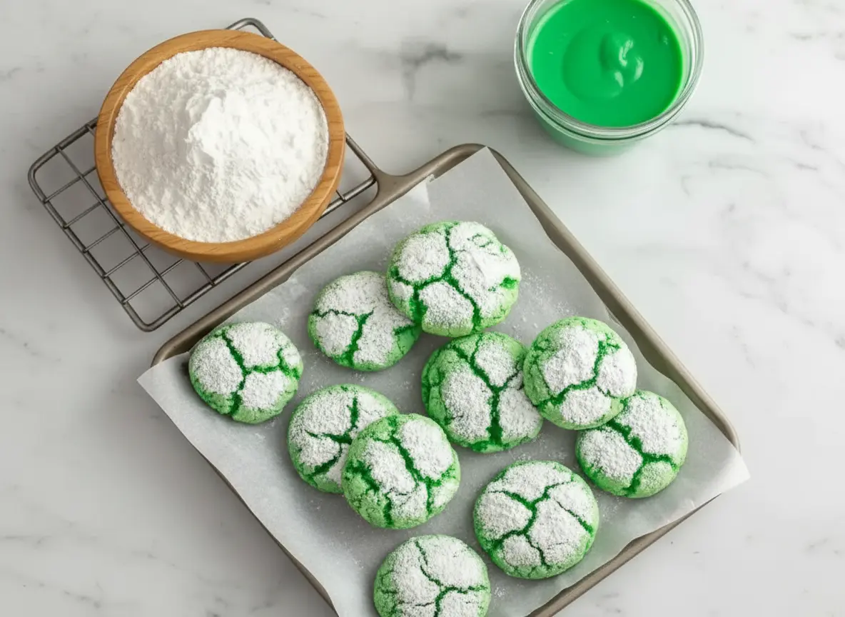 Vibrant green crinkle cookies, heavily dusted with powdered sugar, arranged on a parchment-lined metal baking sheet, with a rustic wooden bowl overflowing with powdered sugar and a glass filled with bright green liquid slightly blurred in the background. Shot on a light marble countertop under natural morning light from an east window, with soft shadows and warm tones, clean and tidy presentation. No hands or people. (4:3 ratio)