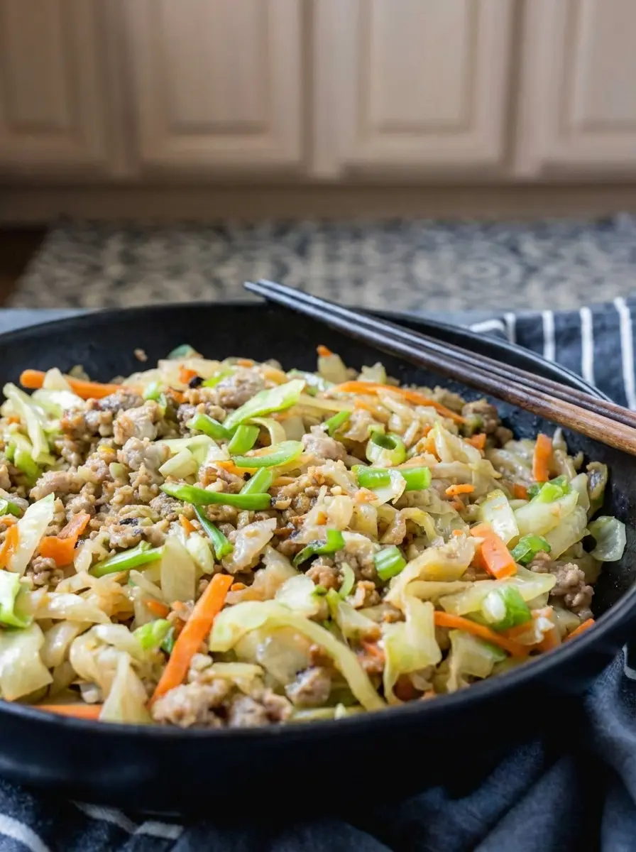 A medium shot showing the Egg Roll in a Bowl components cooking together in a large, dark skillet on a stovetop, with tender-crisp shredded cabbage, carrots, and browned ground pork mingling, steam subtly rising. The scene is lit by natural morning light, casting warm tones, on a clean, tidy kitchen with a marble countertop.