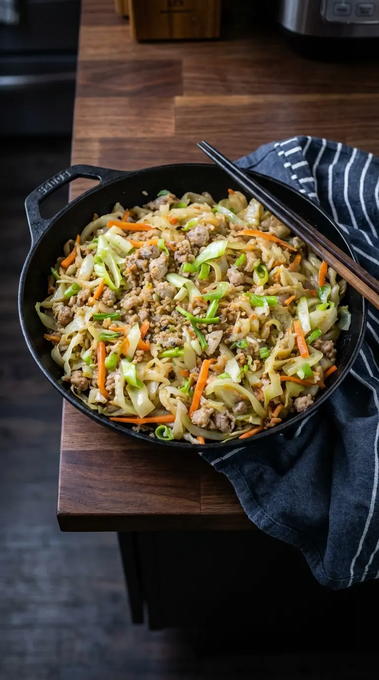 A beautifully styled close-up of a serving of Egg Roll in a Bowl in a minimalist white ceramic bowl, showcasing the glistening ground pork, vibrant green onions, orange carrots, and sesame seeds. The texture is inviting, with a focus on the saucy coating. It rests on a white marble countertop, bathed in natural morning light, with a hint of a wood accent in the background.