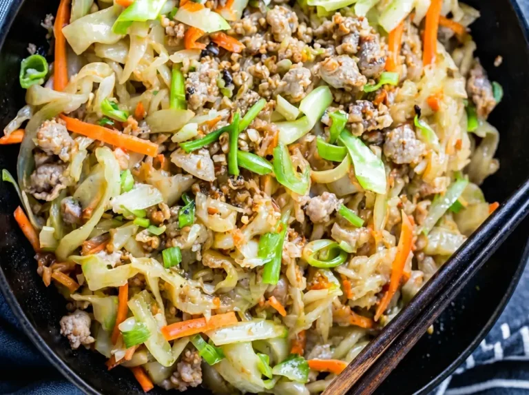 A vibrant overhead shot of a black ceramic bowl filled with Egg Roll in a Bowl, showcasing ground pork, shredded cabbage, bright orange carrots, fresh green onions, and white sesame seeds. Black chopsticks rest on the bowl's rim. The bowl sits on a white marble countertop with a subtle wood accent visible, bathed in natural morning light from an east window, with soft shadows and warm tones, and fresh herbs subtly blurred in the background. (4:3)