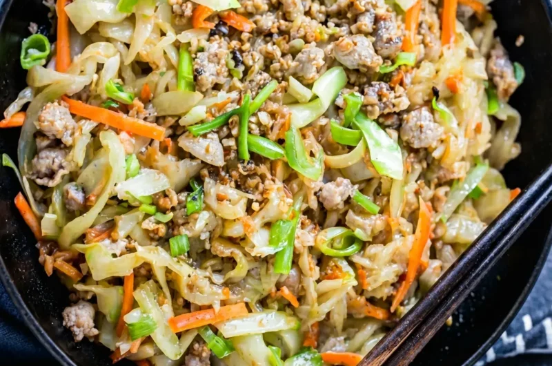A vibrant overhead shot of a black ceramic bowl filled with Egg Roll in a Bowl, showcasing ground pork, shredded cabbage, bright orange carrots, fresh green onions, and white sesame seeds. Black chopsticks rest on the bowl's rim. The bowl sits on a white marble countertop with a subtle wood accent visible, bathed in natural morning light from an east window, with soft shadows and warm tones, and fresh herbs subtly blurred in the background. (4:3)