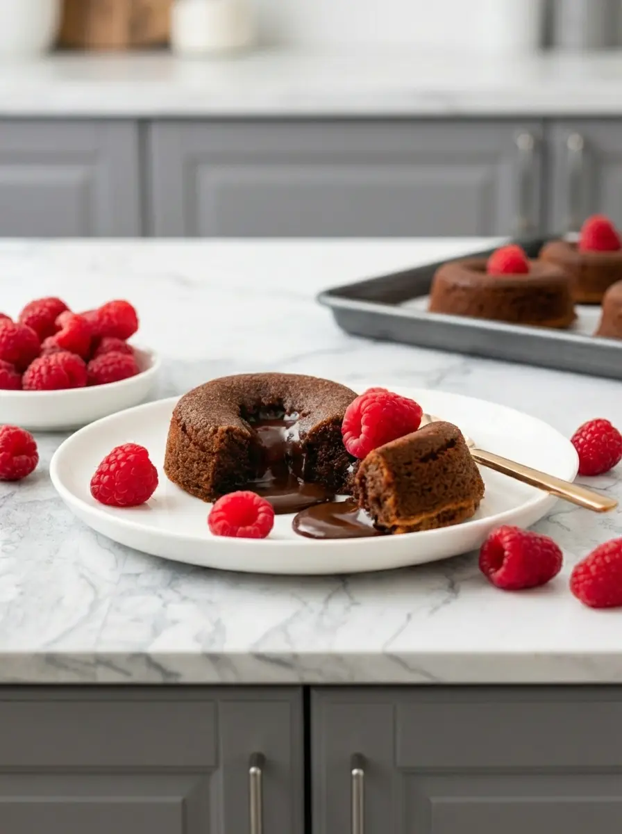 Process shot, eye-level. Four white ramekins sitting on a baking sheet, filled with dark chocolate batter. The batter has a glossy sheen. The marble countertop is visible underneath. Soft depth of field blurring the background kitchen herbs.