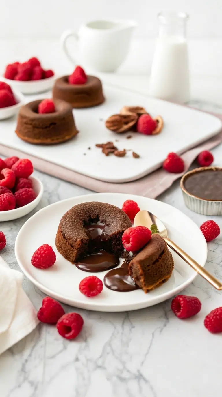 Texture focus, macro shot. A close-up of the molten cake breaking open. The texture of the sponge is visible, contrasting with the glossy, smooth liquid chocolate center flowing out. A gold spoon is partially visible holding a scoop of cake. Fresh raspberry detail in focus.