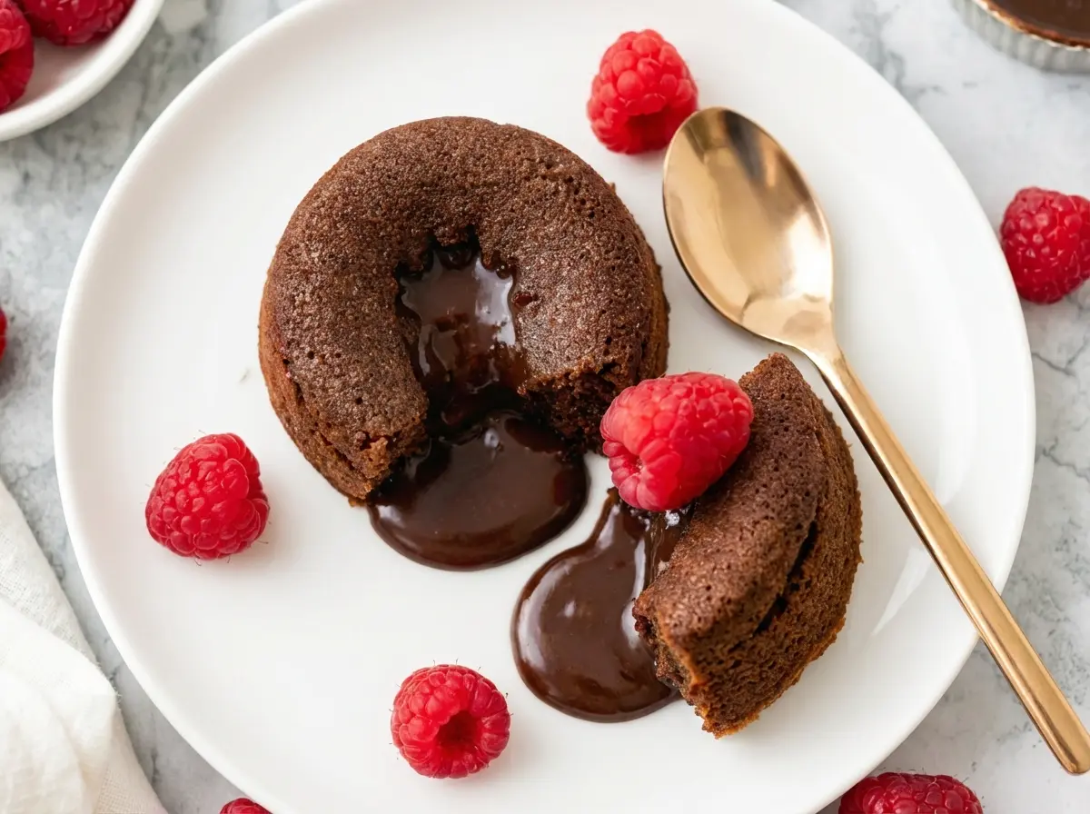 Hero shot, overhead angle, soft morning light from the east. A single chocolate molten lava cake sits on a minimalist white ceramic plate on a marble countertop. A gold spoon has just scooped out a piece, allowing thick, dark chocolate lava to ooze onto the plate. Three fresh red raspberries sit on top of the cake. To the side, a white napkin with gold polka dots. Warm tones, soft shadows, high definition food photography, clean kitchen aesthetic.