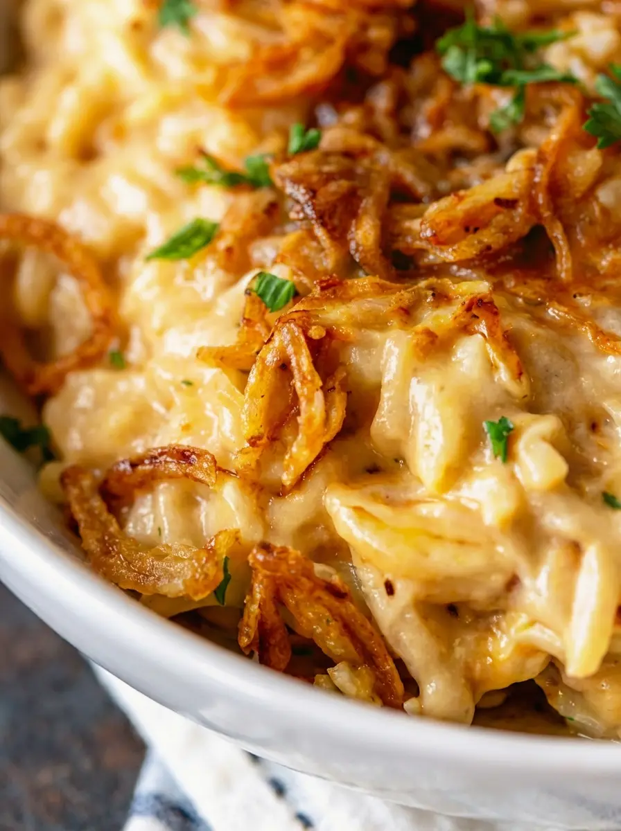 Ingredients for French Onion Chicken Orzo Casserole artfully arranged on a wooden cutting board next to a marble countertop: uncooked orzo pasta in a small ceramic bowl, thinly sliced yellow onions, raw chicken thigh pieces, chicken broth carton, heavy cream bottle, a block of Gruyère cheese, a bowl of crispy fried onions, and a small bunch of fresh parsley. Natural morning light, soft shadows, warm tones, clean and tidy presentation. (3:4 aspect ratio)