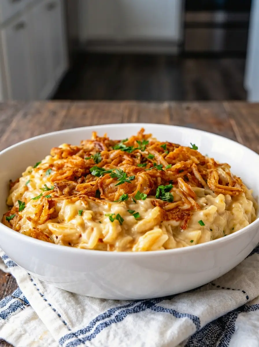 A white ceramic Dutch oven or pot on a gas stovetop, filled with French Onion Chicken Orzo Casserole simmering gently, showing the creamy orzo and chicken coated in a rich, savory sauce. A wooden spoon rests inside the pot. The marble countertop is visible around, with natural morning light and soft shadows creating a warm, inviting atmosphere. (3:4 aspect ratio)