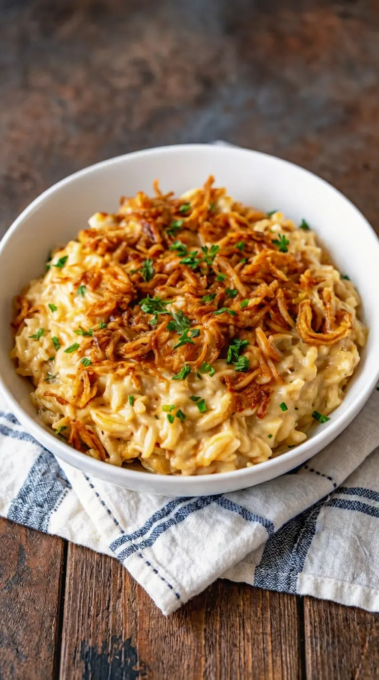 A close-up shot of a single serving of French Onion Chicken Orzo Casserole in a white minimalist ceramic bowl, highlighting the creamy texture of the orzo, the tender chicken, and the abundance of golden crispy fried onions and fresh green parsley on top. The steam is subtly rising, indicating warmth. The focus is on the rich detail and appetizing textures, presented cleanly on a marble countertop with soft, warm lighting. (3:4 aspect ratio)