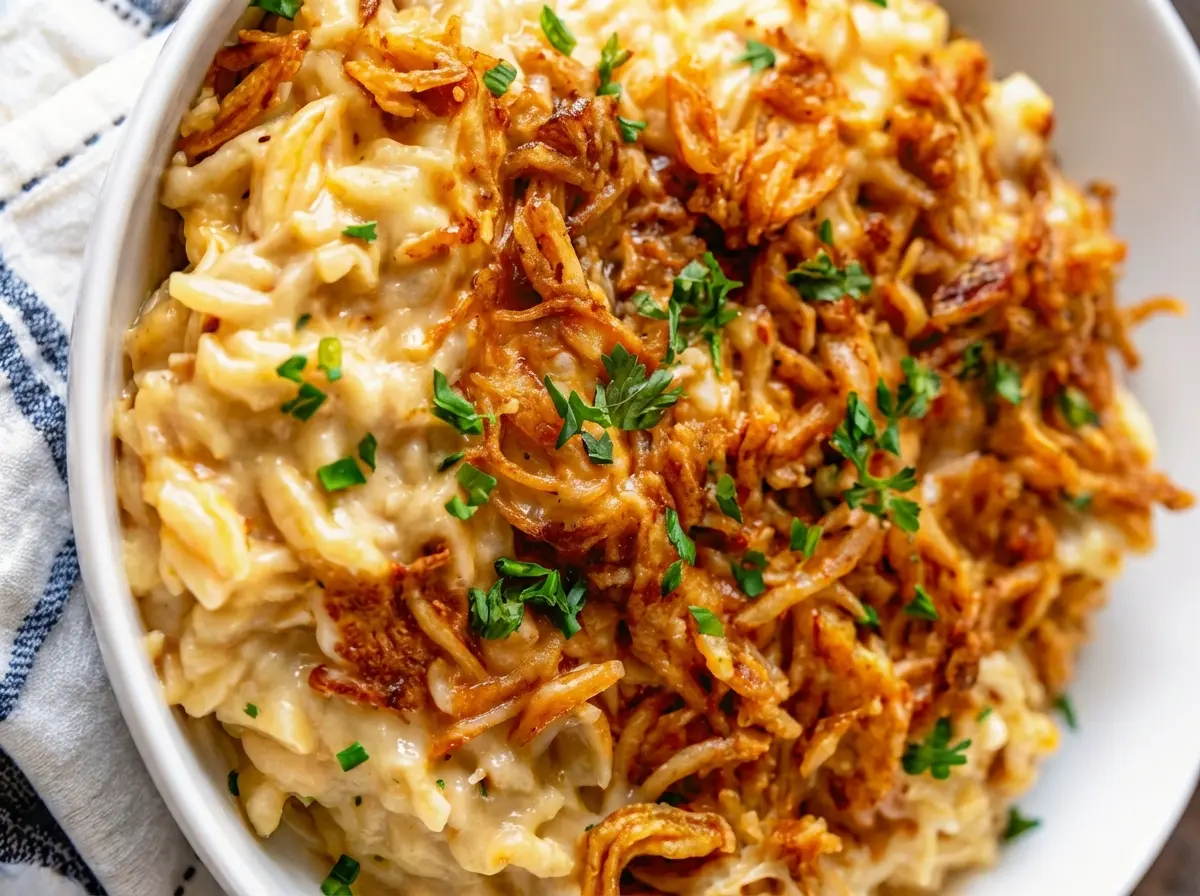 A generous white ceramic bowl of creamy French Onion Chicken Orzo Casserole, richly textured with orzo, tender chicken, and deeply caramelized onions, generously topped with golden crispy fried onions and vibrant fresh parsley. The bowl sits on a blue and white striped kitchen towel on a marble countertop, with natural morning light creating soft shadows and warm tones. A hint of fresh herbs is blurred in the background, a pristine kitchen setting. (4:3 aspect ratio)