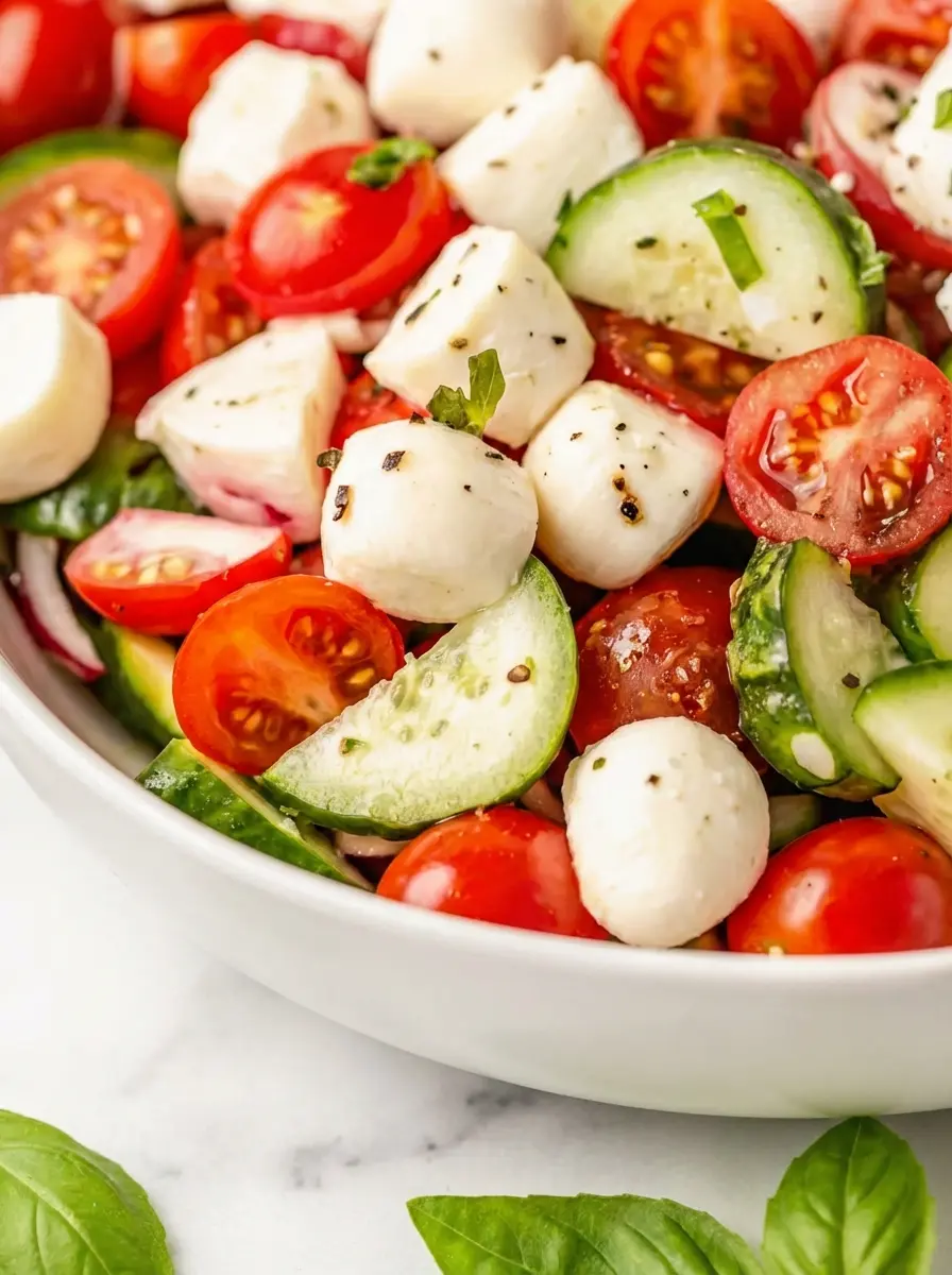 A close-up of the fresh ingredients for Fresh Cucumber Caprese Salad: whole cherry tomatoes, whole English cucumbers, a block of fresh mozzarella, and a bunch of fresh basil arranged artfully on a wooden cutting board on a white marble countertop. Natural morning light, warm tones, clean and tidy presentation. No hands or people.