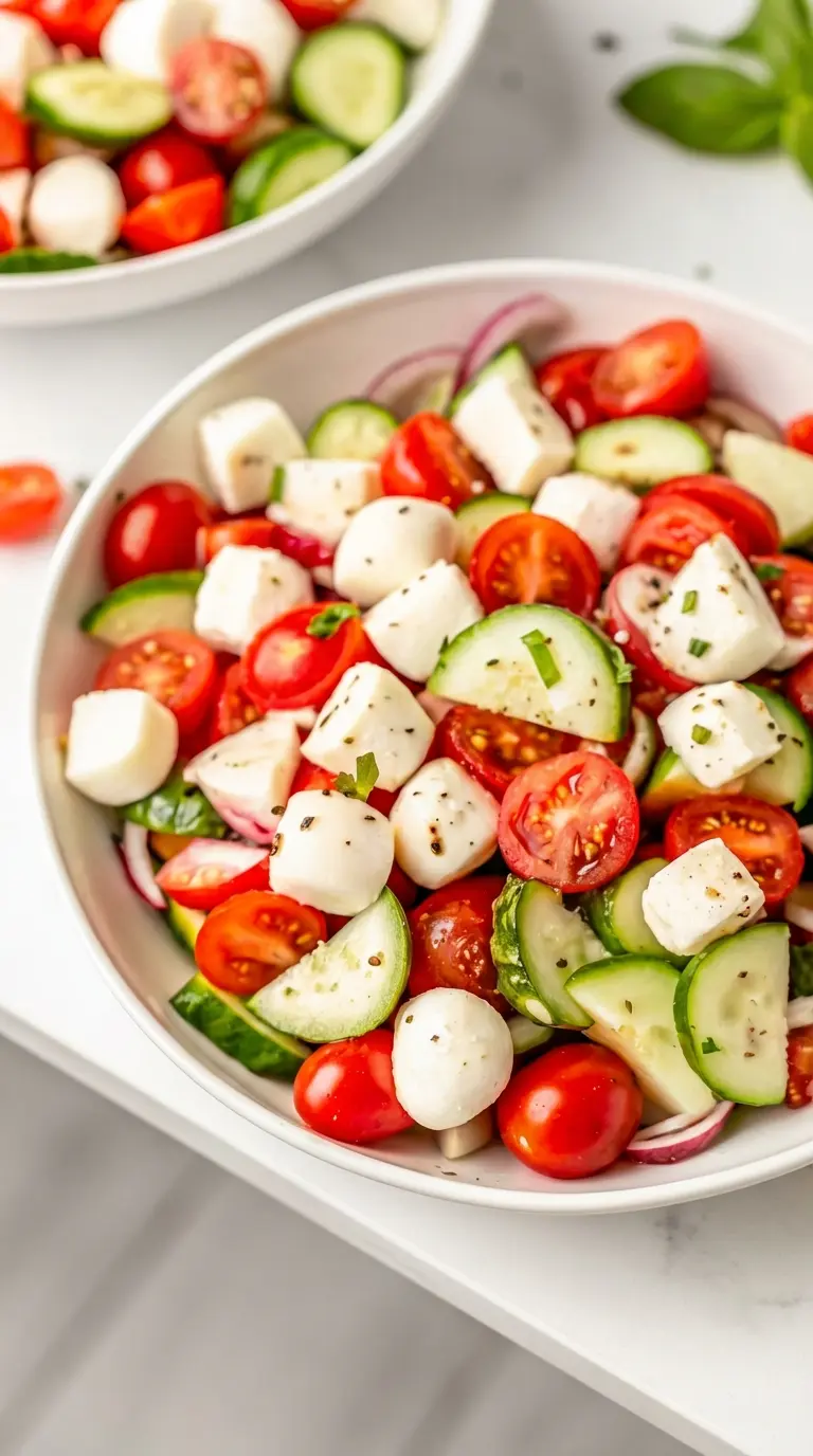 A serving of Fresh Cucumber Caprese Salad in a white ceramic bowl, showcasing the vibrant colors and varied textures of the tomatoes, cucumbers, mozzarella, and basil. A slight drizzle of balsamic glaze is visible. The bowl is on a marble countertop with soft natural morning light creating gentle shadows. Fresh basil leaves are artfully placed around the bowl, and a wooden accent is subtly visible. No hands or people.