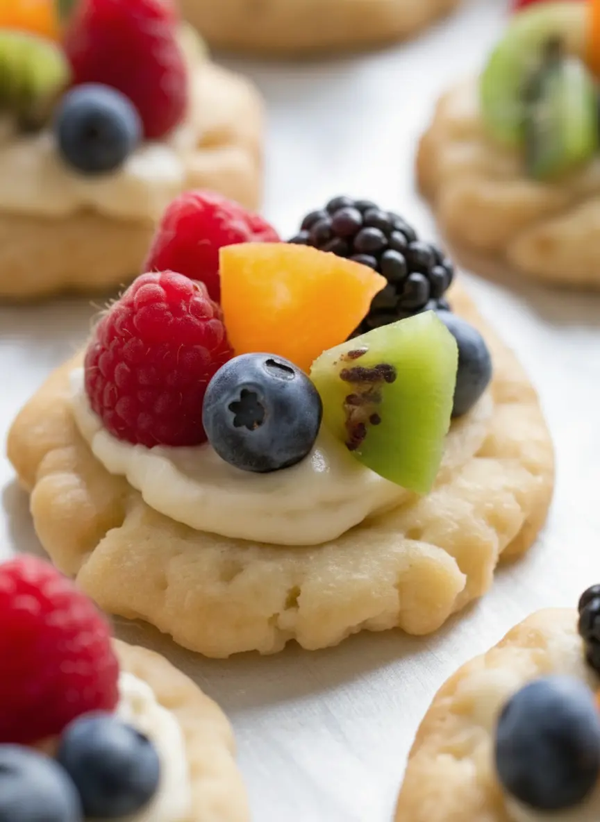 A rustic, top-down view of the ingredients for Fruit Pizza Cookies laid out on a wooden cutting board on a white marble countertop. Components include softened butter, granulated sugar, fresh eggs, flour in a ceramic bowl, and a colorful selection of unwashed fresh fruits like strawberries, blueberries, raspberries, kiwi, and mandarin oranges, all bathed in soft, natural morning light with warm tones.