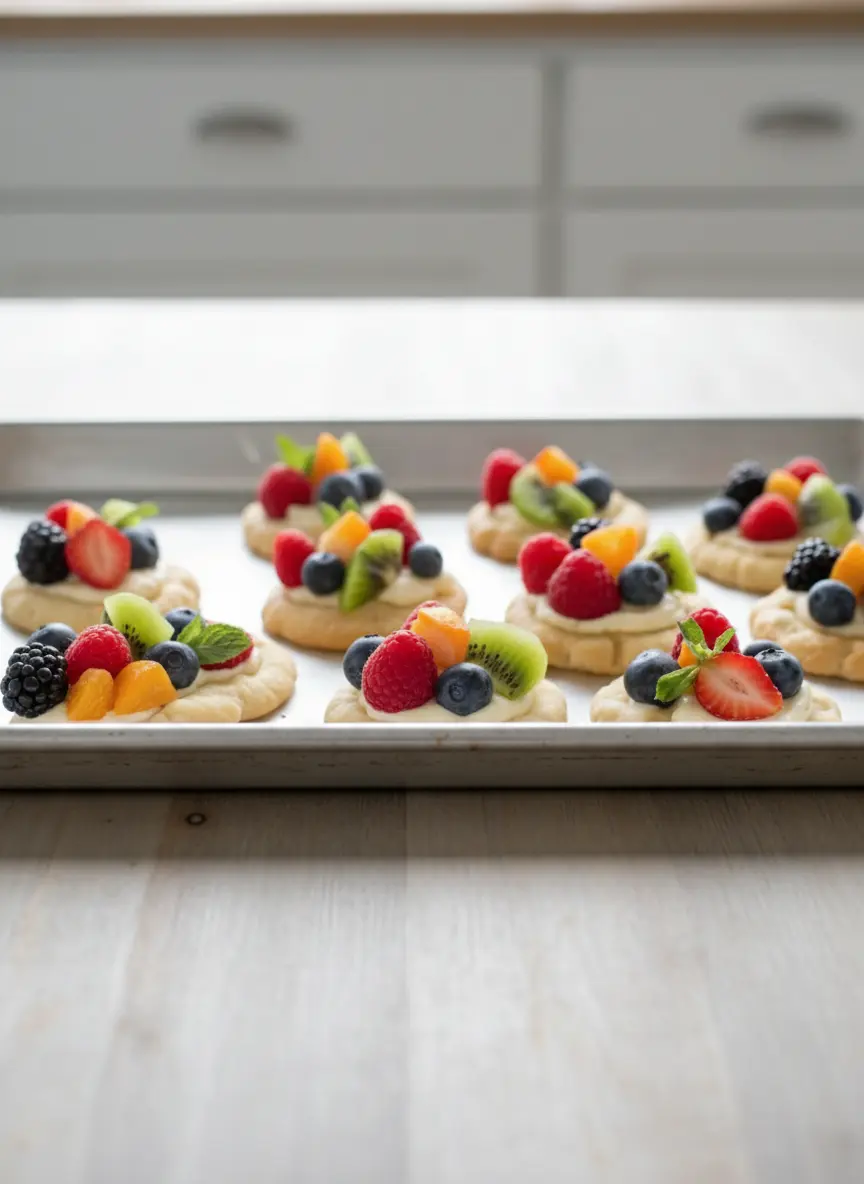 A process shot showing a partially frosted Fruit Pizza Cookie on parchment paper on a baking sheet, resting on a marble countertop with soft natural light. A small, minimalist white ceramic bowl of creamy white frosting is visible next to it, with the remaining un-frosted cookie bases in the background, showcasing the smooth technique of applying the frosting. Fresh herbs are subtly blurred in the background.