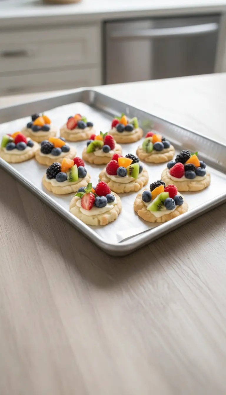 A stack of a few finished Fruit Pizza Cookies on a minimalist white plate, showcasing their soft, chewy texture and the vibrant, colorful fruit toppings. The individual cookies feature sliced red strawberries, whole red raspberries, whole dark blueberries, diced green kiwi, and bright yellow mandarin orange segments arranged over white cream cheese frosting on a sugar cookie base. The scene is set on a marble countertop with a wood accent, illuminated by soft morning light, creating warm tones and gentle shadows, with fresh herbs in the background. (3:4 ratio)