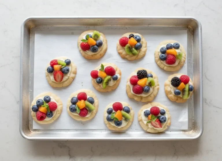 A close-up, elevated shot of several individual Fruit Pizza Cookies on white parchment paper on a light metal baking sheet, positioned on a bright marble countertop with subtle wood accents. Each cookie has a slightly crinkled, soft sugar cookie base, a swirl of creamy white cream cheese frosting, and is generously topped with a vibrant array of sliced red strawberries, whole red raspberries, whole dark blueberries, diced green kiwi, and bright yellow mandarin orange segments. The scene is illuminated by soft, natural morning light from an east window, casting warm tones and gentle shadows, with fresh herbs subtly blurred in the background. (4:3 ratio)