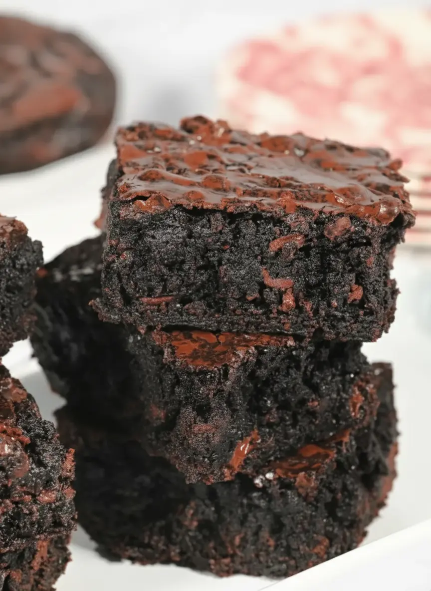 Close-up of brownie batter being gently mixed in a ceramic bowl on a marble countertop, showing the thick, dark, glossy texture. A recognizable wooden spoon rests in the bowl. Natural morning light from an east window, soft shadows, warm tones. A stack of clean white plates in the blurred background. No hands or people. (3:4 ratio)