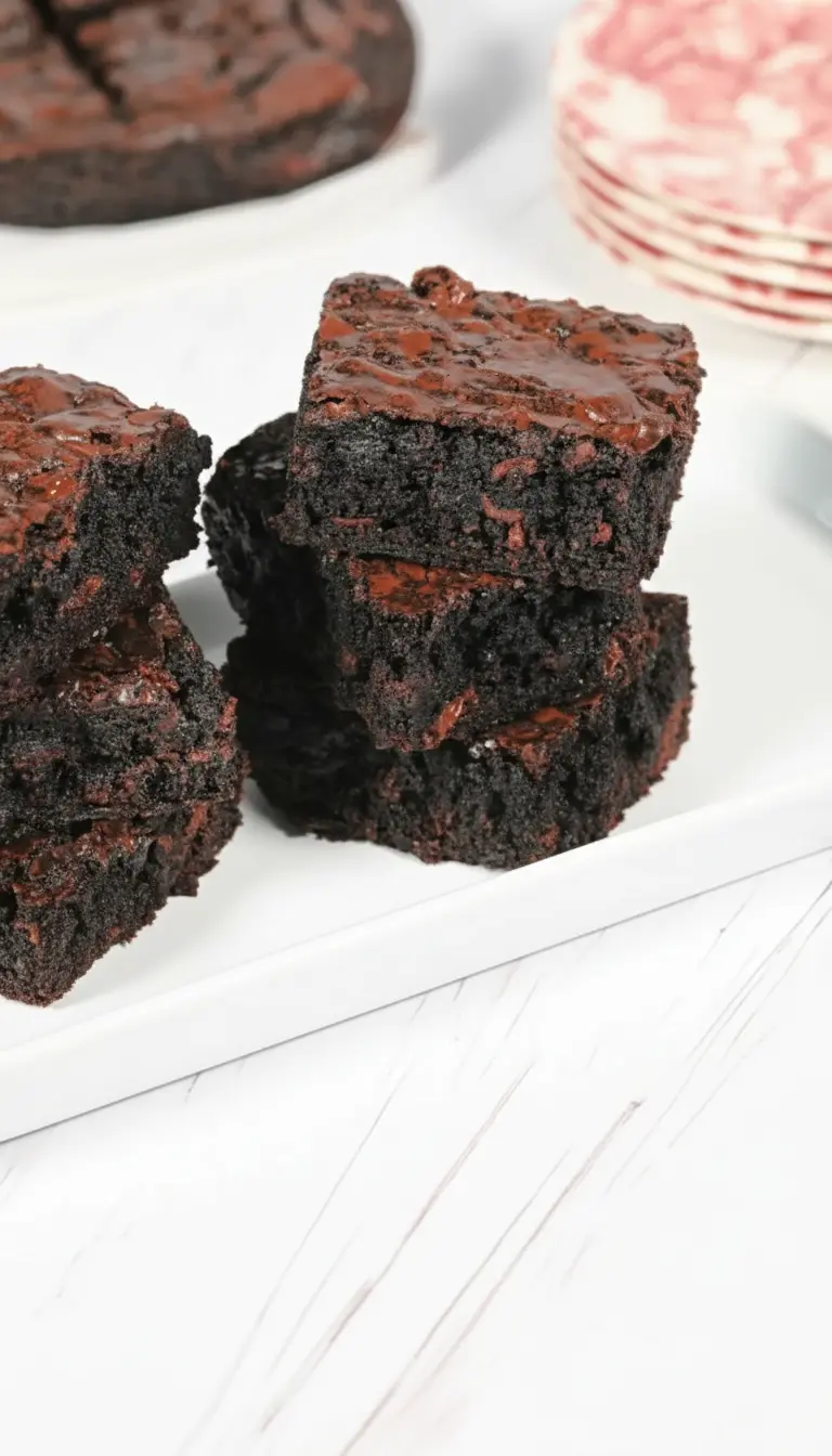 A close-up shot of a single Fudgy Sourdough Brownie square, showcasing its dense, moist, and intensely chocolatey interior, with visible melted chocolate chips and a perfectly crackled top. It rests on a minimalist white plate on a marble countertop. Natural morning light, soft shadows, warm tones. Fresh herbs in the blurred background. No hands or people. (3:4 ratio)