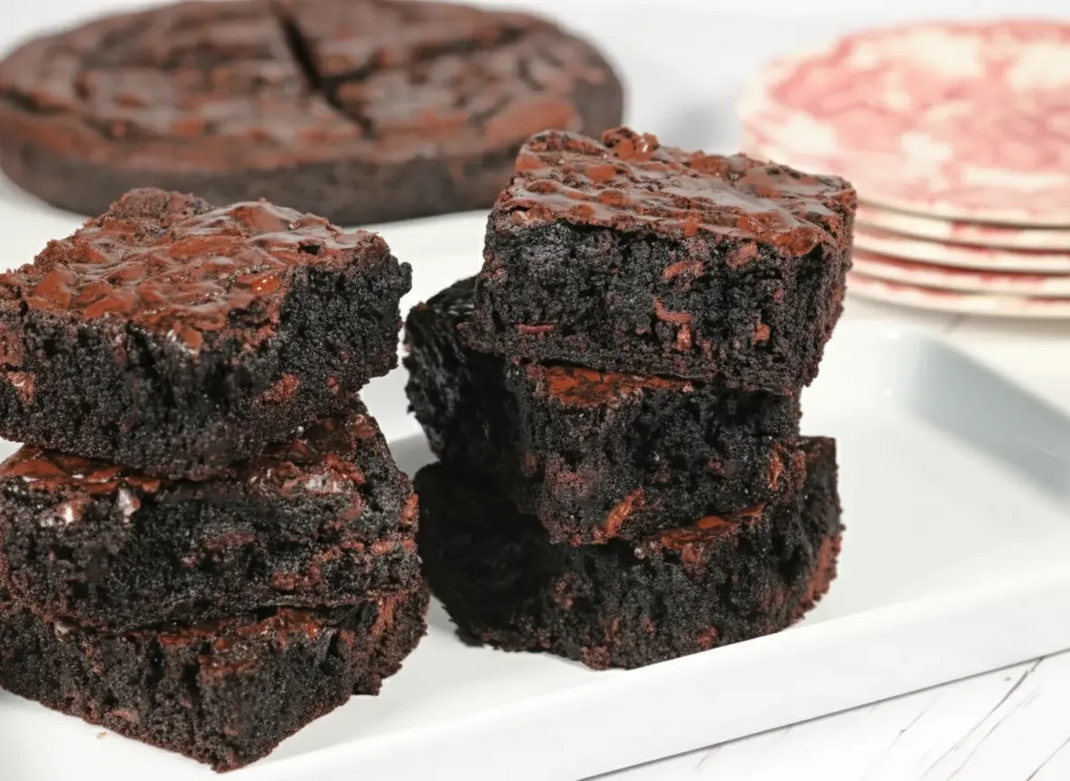 Hero shot of a stack of dark, rich, deeply fudgy sourdough brownies with a shiny, slightly crackled top and visible chocolate chunks, cut into squares, presented on minimalist white plates on a marble countertop. Natural morning light from an east window, soft shadows, warm tones. Fresh herbs in a small ceramic bowl in the blurred background. A recognizable wooden cutting board is subtly visible. No hands or people. (4:3 ratio)