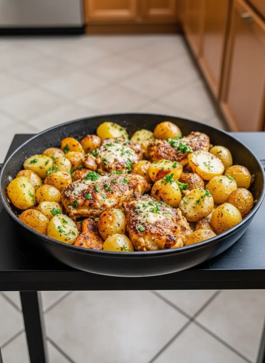 Angled shot of a cast iron skillet on a burner. Chicken thighs are sizzling skin-side down, turning golden brown. Beside them, halved yellow potatoes are starting to crisp in the rendered fat. Steam is rising softly, capturing the cooking process.
