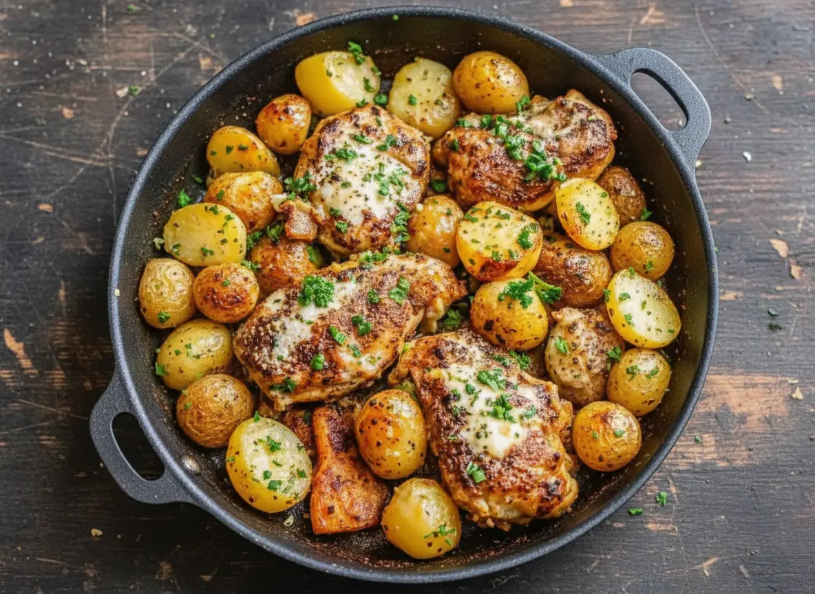 A top-down hero shot of a black cast iron skillet placed on a marble countertop with wood accents. The skillet is filled with golden-brown, crispy skin-on chicken thighs and roasted baby yellow potatoes. Some chicken pieces have melted parmesan cheese on top. Fresh green parsley is generously sprinkled over the dish. The lighting is soft morning light from the left, creating gentle shadows. The food looks glistening and buttery.
